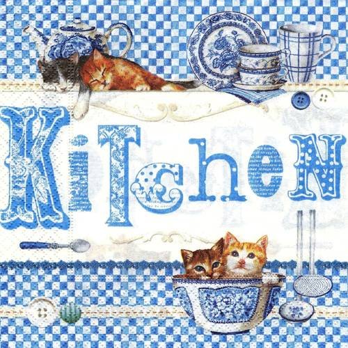 Serviette papier chat in the kitchen fond vichy bleu 