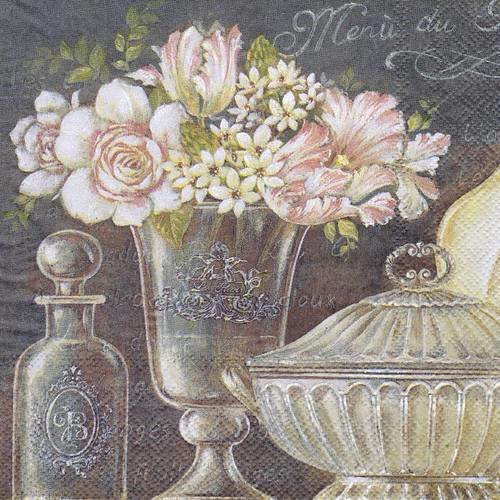 Serviette rare flacon et vase bouquet de rose et tulipes 