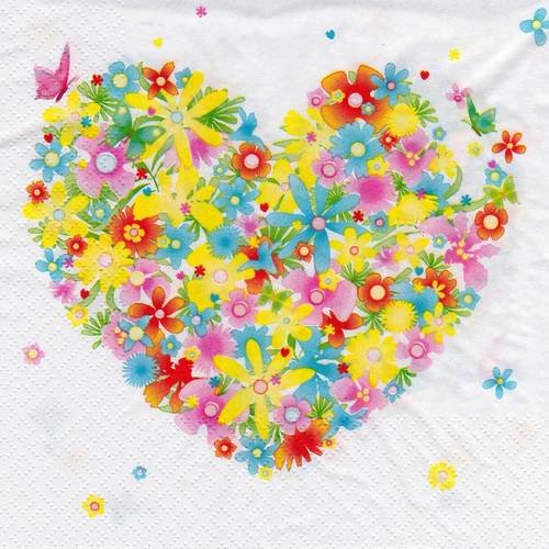 Serviette coeur de fleurs multicolores et papillon 