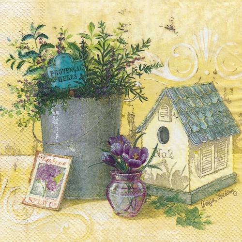 Serviette scène de jardin maison d'oiseau crocus bouquet herbe de provence