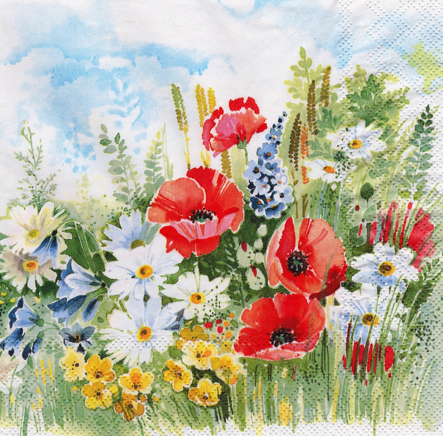Serviette fleurs des champs coquelicot marguerite aquarelle - Un