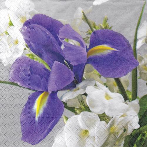 Serviette bouquet iris et fleur blanche