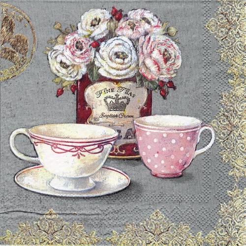 Serviette shabby chic heure du thé tasse bouquet de rose fine teas