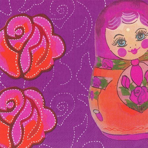 Serviette papier petite poupée matriochka russe et fleurs