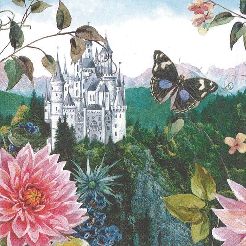 Serviette papier le chateau de la princesse fleur et papillon