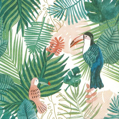 Serviette papier oiseau toucan vert dans les palmiers fleur exotique