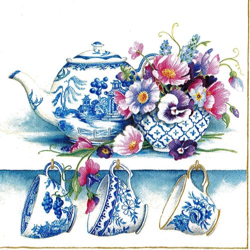 Serviette papier tasse et théière porcelaine de chine bouquet de fleurs