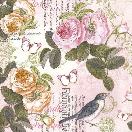 Serviette papier tableau de rose romantique et petit oiseau
