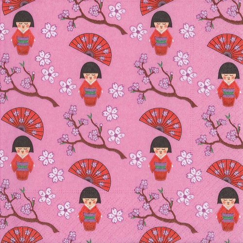 Serviette papier petite geisha japonnaise eventail branche de cerisier