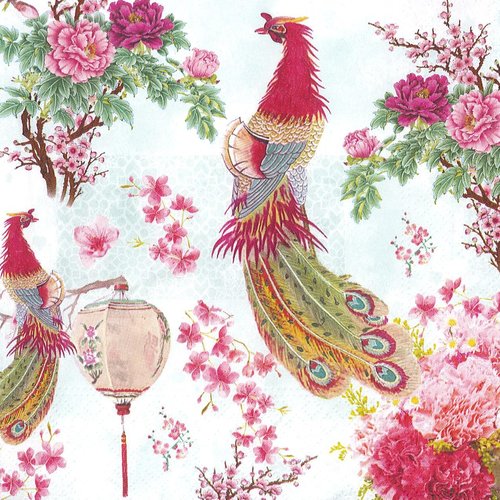 Serviette papier oiseau paon jardin japonais lanterne