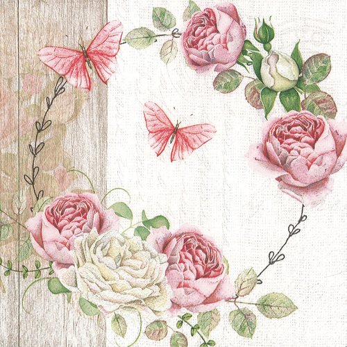 Serviette papier couronne de rose et papillon romantique
