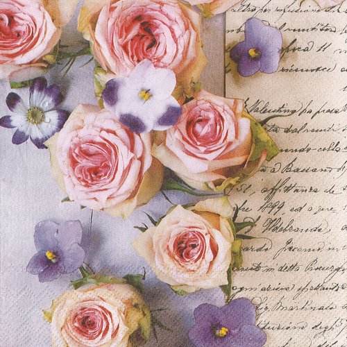 Serviette papier lettre romantique rose et petite fleur violette
