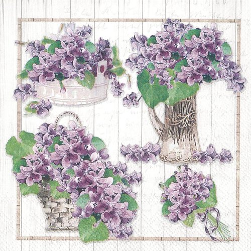 Serviette papier panier et bouquet de violettes 