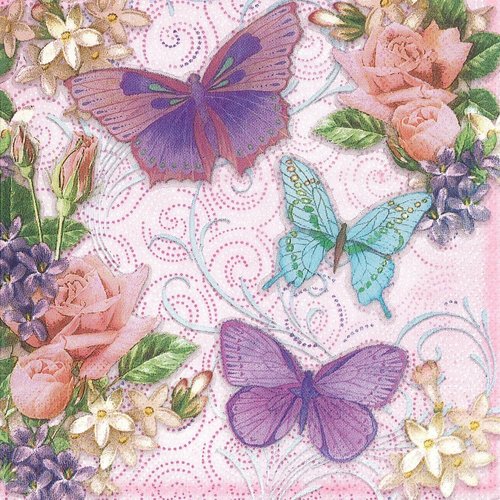Serviette papier papillon et bouquet de rose et de violettes 