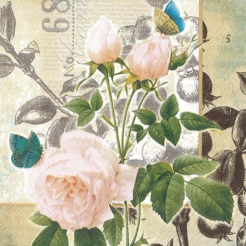 Serviette papier rose avec petit papillon bleu jardin anglais 