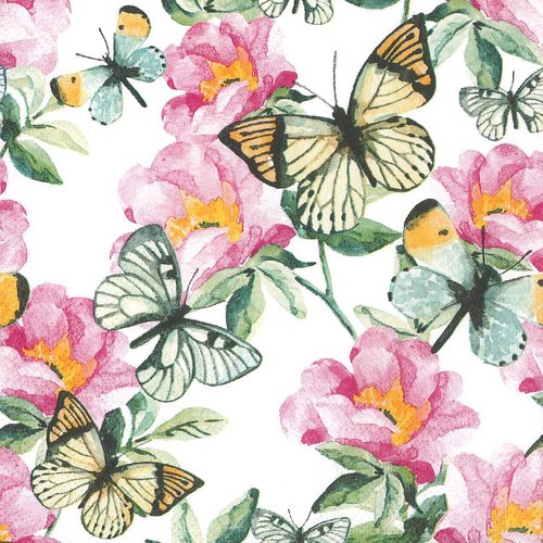 Serviette papier envolé de papillons dans les roses
