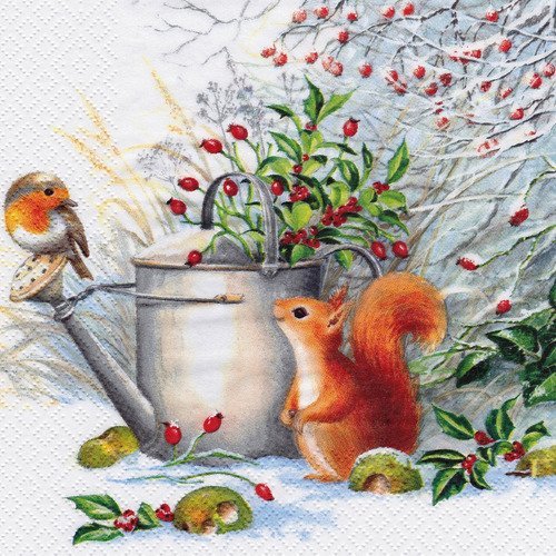 Serviette l'ecureuil et le rouge gorge sur le seau de houx dans la neige 