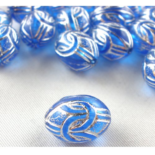 Perles acryliques :  20 ovales avec motif argent 13*9 mm
