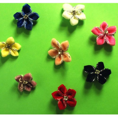 Lot 8 appliques tissu velours : fleur brillante + pierre 8 couleurs 20mm