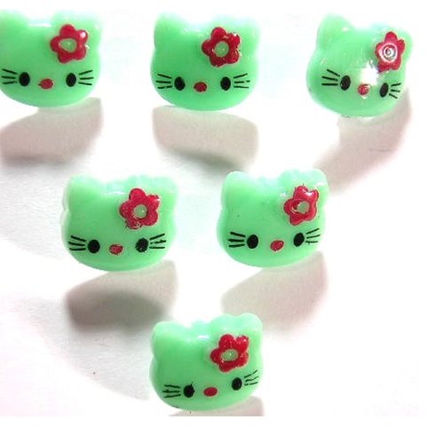 Lot 6 boutons acryliques : tête de chat vert 13*12mm