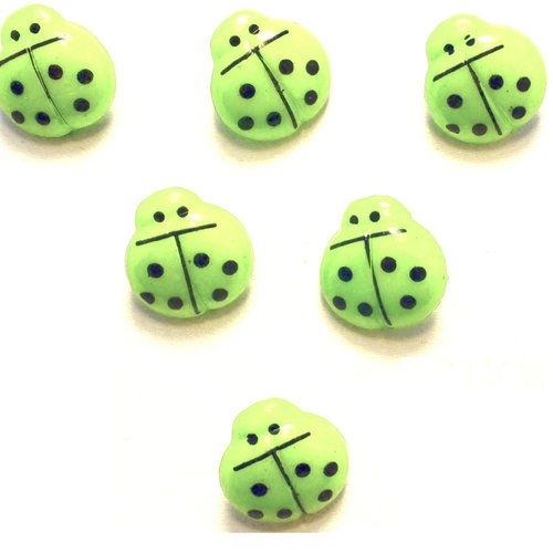 Lot 6 boutons acryliques : coccinelle vert/noire 14*13mm