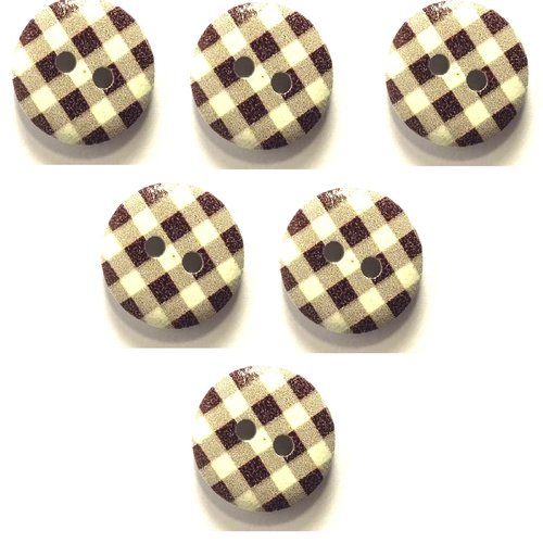 Lot 6 boutons bois : rond motif vichy marron/blanc 15mm (13)