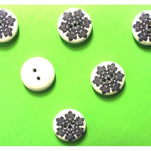 Lot 6 boutons bois : rond flocon noir 18mm (07)