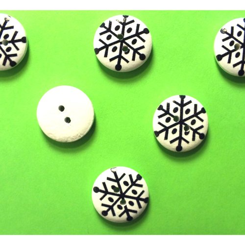 Lot 6 boutons bois : rond flocon noir 18mm (06)