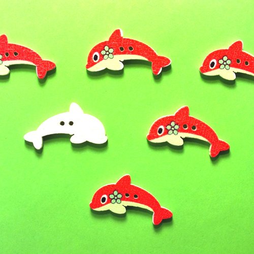 Lot 6 boutons bois : dauphin rouge 30*15mm