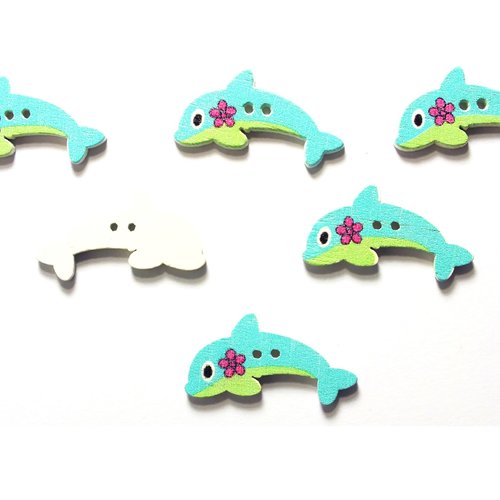 Lot 6 boutons bois : dauphin bleu 30*15mm