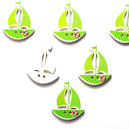 Lot 6 boutons bois : voilier vert 30*25mm