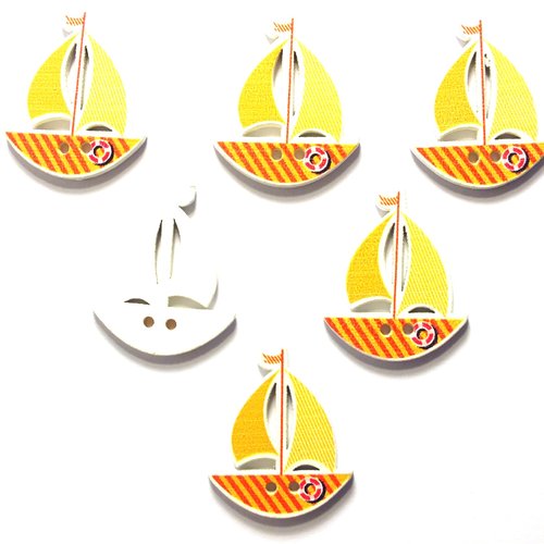 Lot 6 boutons bois : voilier orange 30*25mm