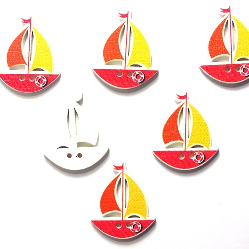 Lot 6 boutons bois : voilier orange/rouge 30*25mm