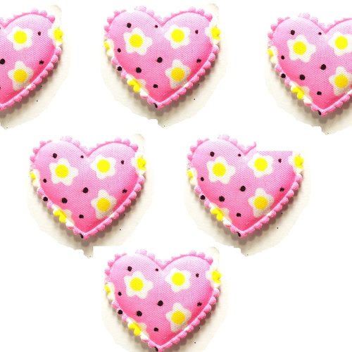 Lot 6 appliques tissu : coeur motif fleur rose clair 35*30mm