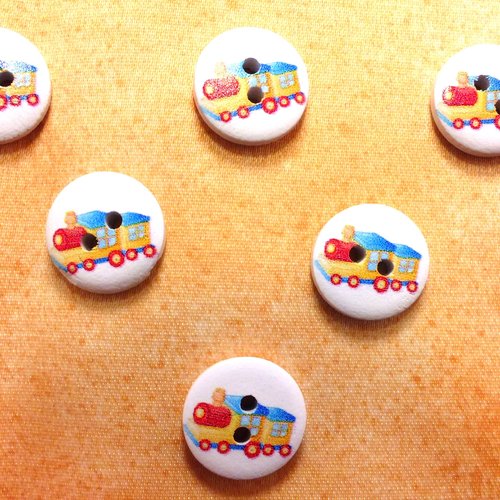 Lot 6 boutons bois : rond thème transport motif locomotive 15mm (01)