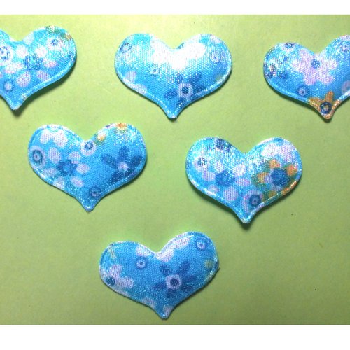 Lot 6 appliques tissus  : coeur bleu fleuri 34*25mm