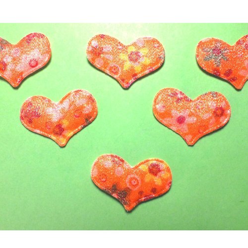 Lot 6 appliques tissus  : coeur orange fleuri 34*25mm