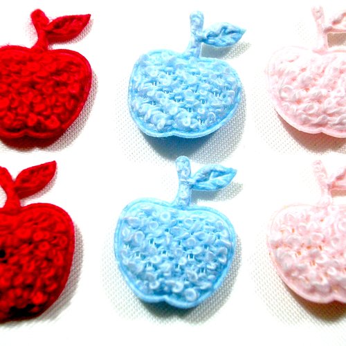 Lot 6 appliques tissus  : pomme bleu/rouge/rose 2*1.8cm