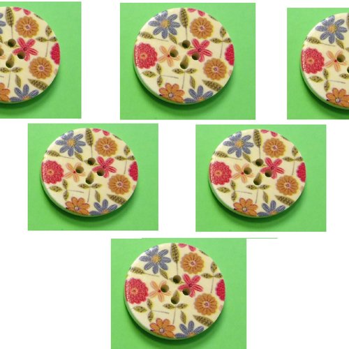 Lot 6 boutons bois : rond motif fleur 30mm (37)