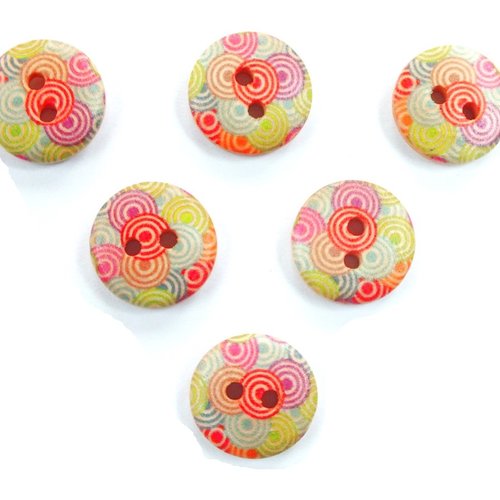 Lot 6 boutons bois : rond motif cercles 15mm (03)