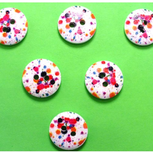Lot 6 boutons bois : rond motif fantaisie 15mm (21)