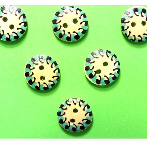 Lot 6 boutons bois : rond motif fantaisie 15mm (23)