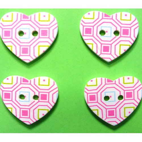 Lot 4 boutons bois : coeur motif fantaisie 24*22mm (02)