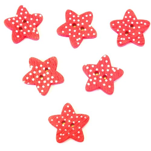 Lot 6 boutons bois : etoile rouge 15mm