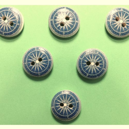 Lot 6 boutons bois : rond thème mer motif boussole 15mm (05)