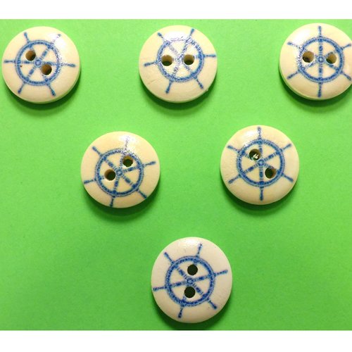 Lot 6 boutons bois : rond thème mer motif barre 15mm (01)