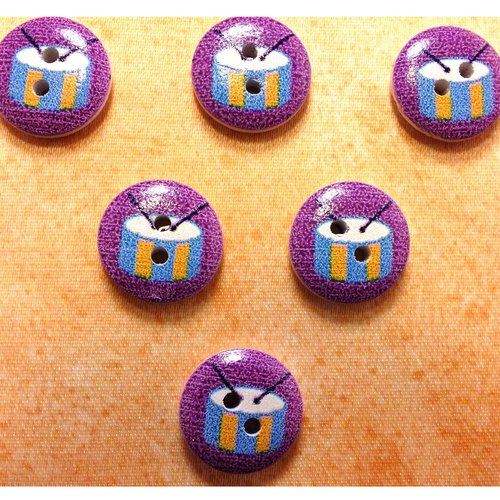 Lot 6 boutons bois : rond thème musique motif tambour 15mm (02)