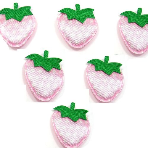 Lot 6 appliques tissus : fraise rose clair/blanche 2.5*2cm