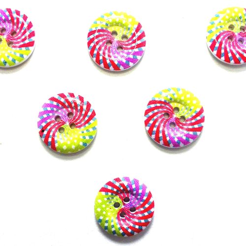 Lot 6 boutons bois : rond motif fantaisie 18mm (07)
