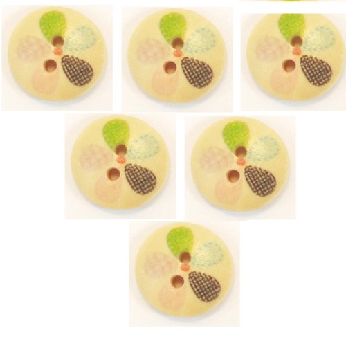 Lot 6 boutons bois : rond motif fantaisie 15mm (12)